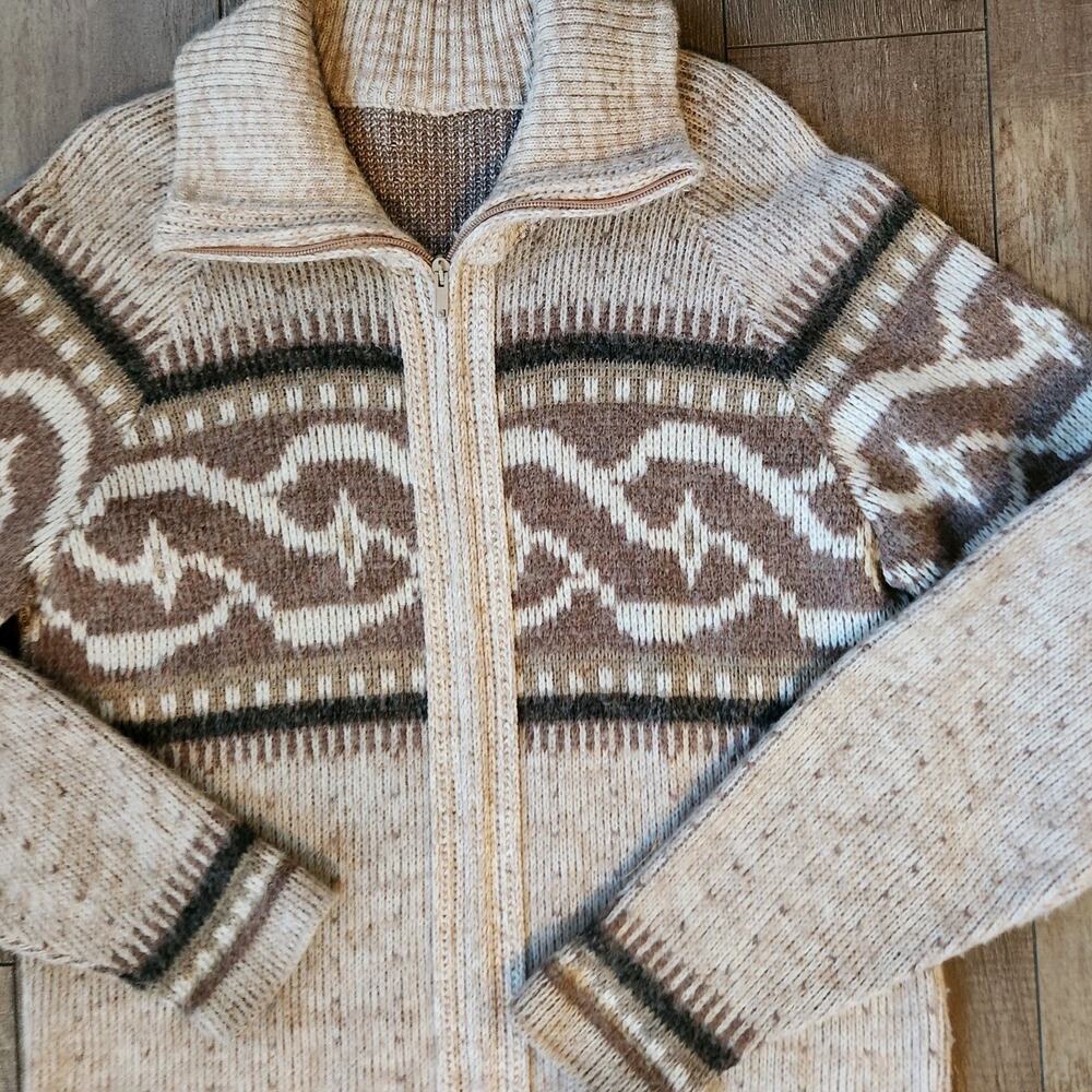 Vintage Fisherman Wool Knit Cardigan Sweater Nordic Ski Shawl Neck Zip Grandpa